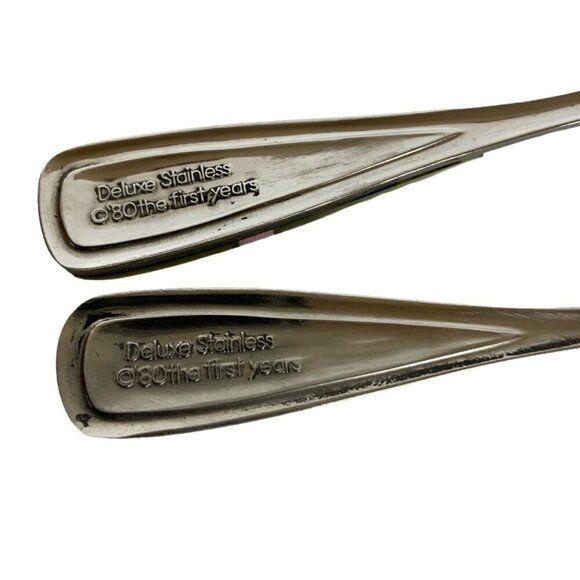 Vtg The First Years Deluxe Stainless Baby Spoon Fork Set Pearlized Handle Pink - Picture 4 of 4